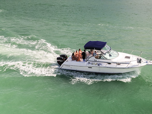 The Sweet Melissa seen from above, turning across open green water with guests aboard