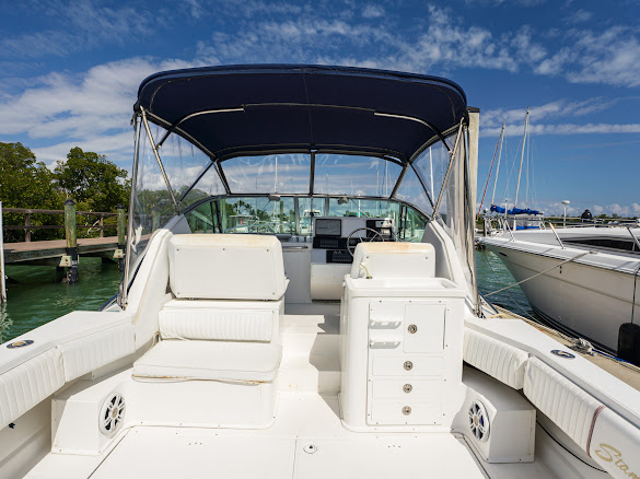 Helm station and canopy aboard the Sweet Melissa